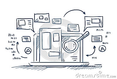 Magnify glass search information on laptop internet browsing concept on white background sketch doodle Vector Illustration