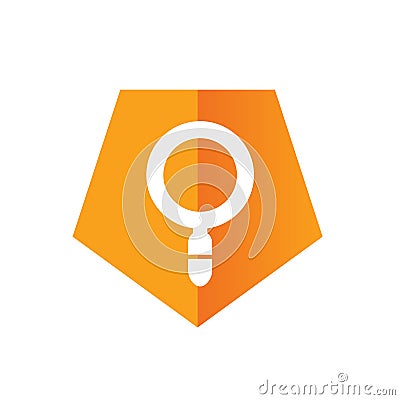 Magnify or Magnifying Glass with Orange Color Pentagon Icon, Search Symbol, Logo Design Vector Illustration