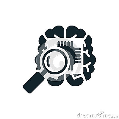 Magnifying glass analyzing microchip inside brain for artificial intelligence Vector Illustration