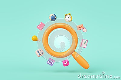 magnifying glass app search engine study kid cute imagine creative clock globe light bulb pencil and calculator pastel connected. Stock Photo
