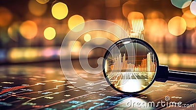 Magnifying Glass Close-Up With City Background. Business Control over quotes and shares. Market research. Trader Stock Photo