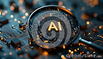magnifying glass by dedicated AI microchip over circuit board, artificial intelligence and GPU cloud computing concept Stock Photo