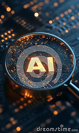 magnifying glass by dedicated AI microchip over circuit board, artificial intelligence and GPU cloud computing concept Stock Photo