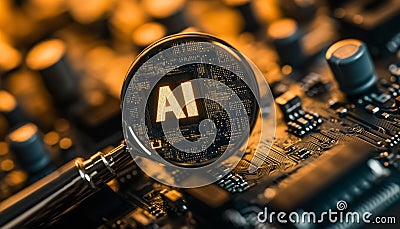 magnifying glass by dedicated AI microchip over circuit board, artificial intelligence and GPU cloud computing concept Stock Photo