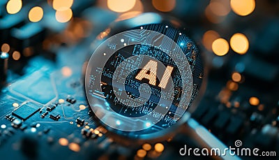 magnifying glass by dedicated AI microchip over circuit board, artificial intelligence and GPU cloud computing concept Stock Photo