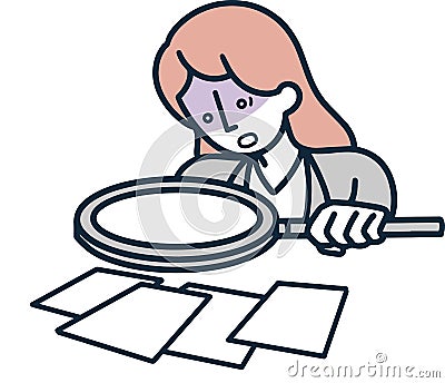 Magnifying glass, despair, woman examining, simple illustration Cartoon Illustration