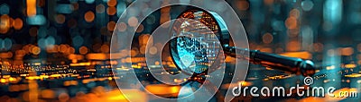 Magnifying glass with digital data background. Concept of cyber security, data analysis, technology, and digital investigation Stock Photo