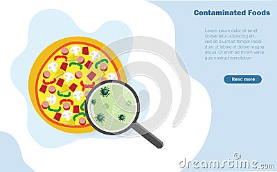 Magnifying glass display becteria and virus from pizza, unclean food sampling Vector Illustration