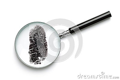 Magnifying glass examining fingerprint Stock Photo