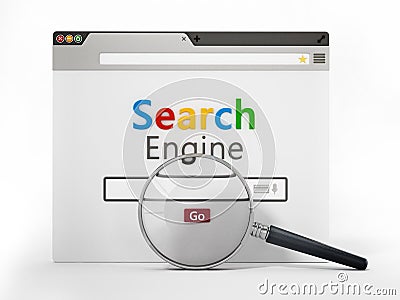 Magnifying glass on fictitious search engine website. 3D illustration Cartoon Illustration