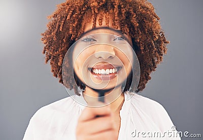 Magnifying glass, focus and smile with portrait of black woman for analysis, exploration and close up. Detective, search Stock Photo