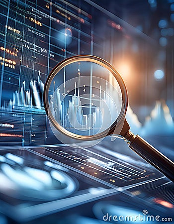 A magnifying glass focuses on data analytics in a digital interface. Generative AI Stock Photo
