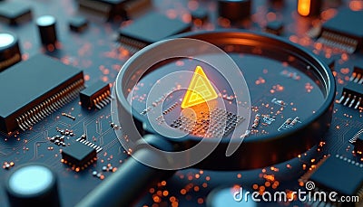 Magnifying glass focuses on warning sign on circuit board. Tech inspection shows possible error. Modern tech diagnostics. Future Stock Photo