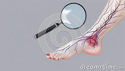 A magnifying glass is on a foot with red veins Stock Photo