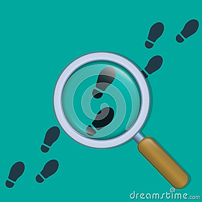 Magnifying glass and footprints vector flat illustration. Detective inspection concept Vector Illustration