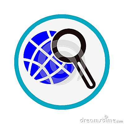 Magnifying glass with globe icon isolated on a white background in a holobum circle. We analyze the world. Global search sign. Vector Illustration