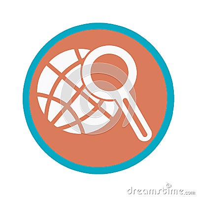 Magnifying glass with globe icon isolated on a white background in a holobum circle. We analyze the world. Global search sign. Cartoon Illustration