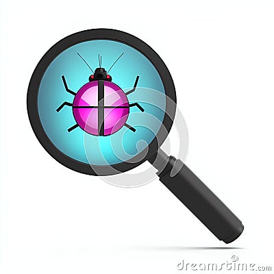 Magnifying glass and a green bug, code debugging concept Cartoon Illustration