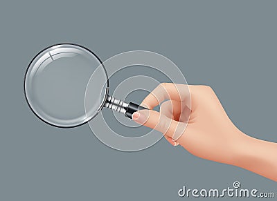 Magnifying glass in hand. Detective holding gadget zoomed loupe lens vector realistic pictures isolated Vector Illustration