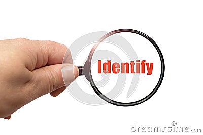 Magnifying glass in hand and a identify word on the white background Stock Photo