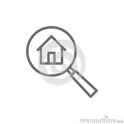 Magnifying glass with house, apartment search line icon. Vector Illustration