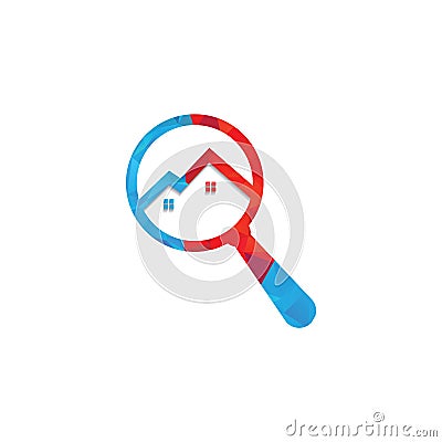 Magnifying Glass House Logo Design For Real Estate Property. Vector Illustration