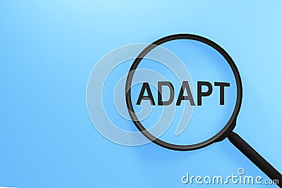 Magnifying glass with the inscription ADAPT on a blue background Stock Photo