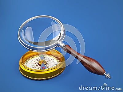 Magnifying glass investigate golden compass Stock Photo