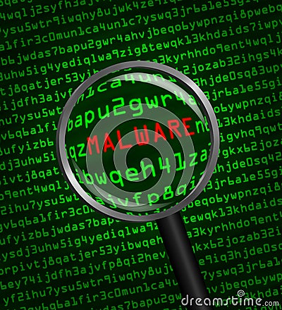 Magnifying glass locating malware in computer code Stock Photo