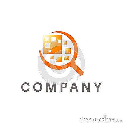 Magnifying glass logo, object abstract in the center, orange color Vector Illustration