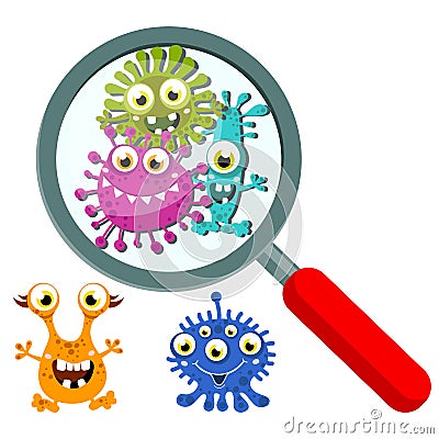 Magnifying Glass look through Germ, Bacteria, Virus, Microbe, Pathogen Characters Vector Illustration