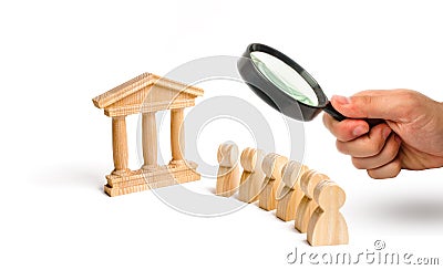 Magnifying glass is looking at the ancient building and a queue of people . Protection from the falsification of history. Stock Photo