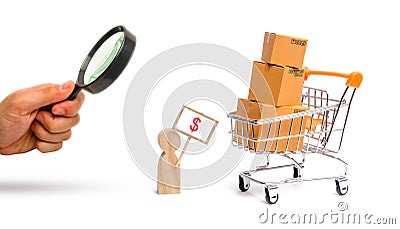 Magnifying glass is looking at a man with a poster sells goods. Supermarket cart with boxes and goods. concept of commerce Stock Photo