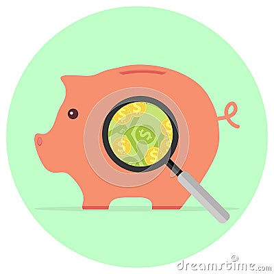 A magnifying glass looks at the pig piggy bank with money. Vector Illustration