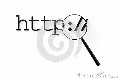 Magnifying glass or loupe enlarging the word http over white background, internet or web search concept Cartoon Illustration