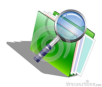 The magnifying glass (Loupe) and green folder Stock Photo