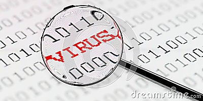 Magnifying glass or magnifier looking at binary code with the word virus embedded, computer or network virus detection or search Cartoon Illustration