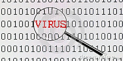 Magnifying glass or magnifier looking at binary code with the word virus embedded, computer or network virus detection or search Cartoon Illustration