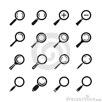 Magnifying glass, magnifier, zoom, search find loupe vector icons set Vector Illustration