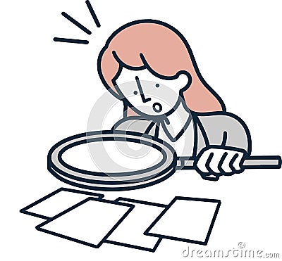 magnifying glass notice woman examining simple illustration Cartoon Illustration