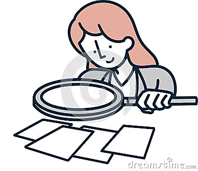 magnifying glass notice woman examining simple illustration Cartoon Illustration