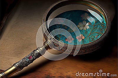 Magnifying glass on old book with floral pattern. Retro style. Stock Photo