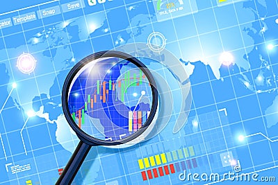 Magnifying glass with online trading data stock graph chart on world map digital graphic technological background Stock Photo