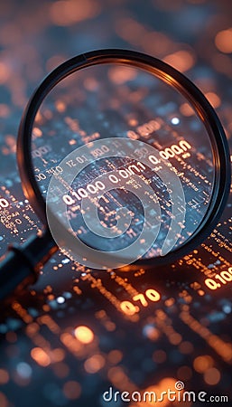 Magnifying glass over digital binary code Stock Photo