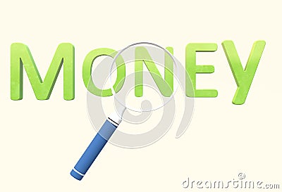 A magnifying glass over the words money - metaphor for the search for money Cartoon Illustration