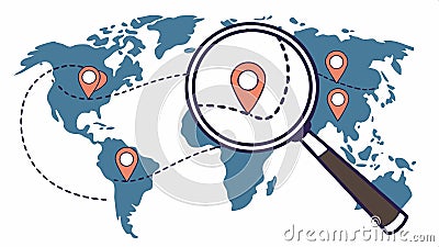Magnifying glass over world map with gears, global analysis mechanism. Vector Design, Generative AI Vector Illustration