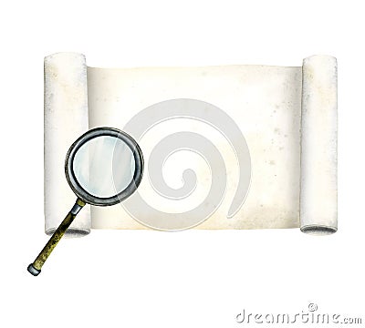 Magnifying glass and paper scroll for detective and researches designs watercolor illustration. Hand drawn magnifier Cartoon Illustration
