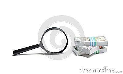 Magnifying glass and a pile of money. Concept of fundraising, attracting investments. Loan to paycheck, urgent loans. Stock Photo