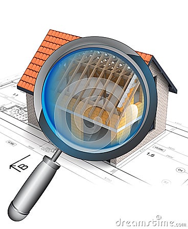 Magnifying glass roof construction detail Cartoon Illustration