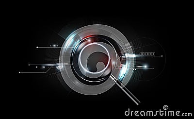 Magnifying glass with scan search concept and futuristic electronic technology background, transparent vector Vector Illustration